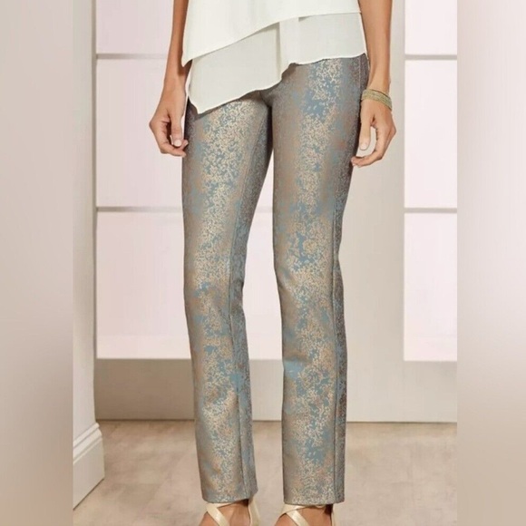 Soft Surroundings Pants Women’s Medium Palladium Blue Gold Patterned Ponte - Picture 1 of 10